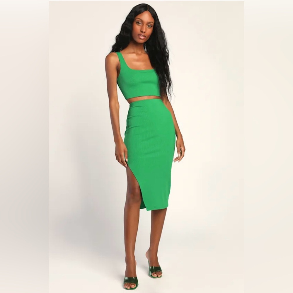 Lulus Green Ribbed Bodycon Two-Piece Set